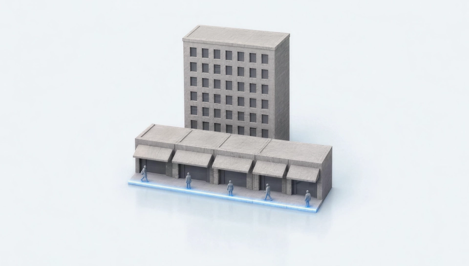 Clay model of an office building and a row of shops